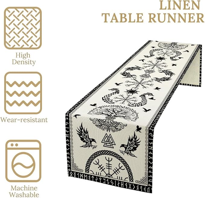 Viking Tree of Life Table Runner, Raven Helmet of Awe Seasonal Table Runner for Kitchen Dining Home Party 13x108in