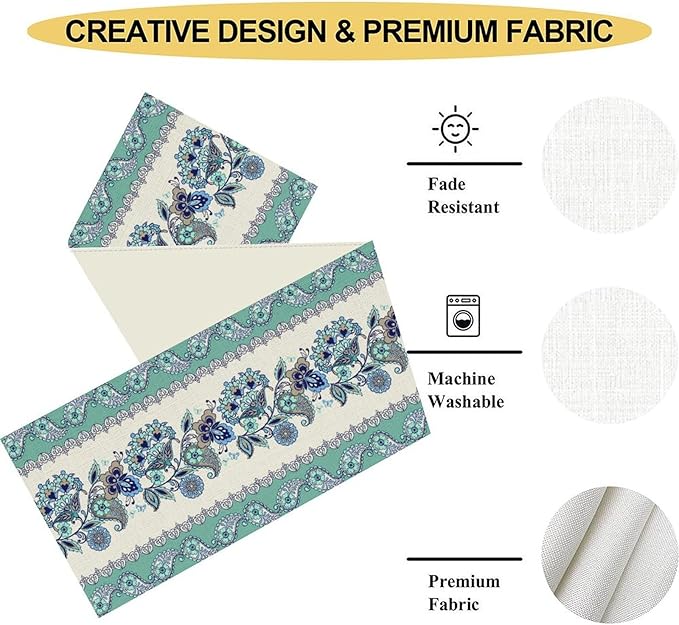 Paisley Table Runner, Vintage Teal Damask Floral Flower Boho Antique Damask Swirled Pattern Rustic Coffee Table Center Decor for Family Kitchen and Living Room Outdoor Table Decorations, 13"x36"