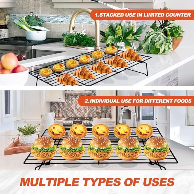 3-Tier Stackable Cooling Racks, Stainless Steel Wire Rack Baking Rack Oven Rack Cookie Rack Oven Safe, Rust-Resistant Non-Stick Cooling Grilling for Baking, Cooking, Roasting 15”x 10"