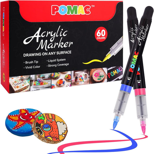 POMAC 60 Colors Acrylic Paint Markers, Water-Based Acrylic Pens Brush Tip, Art Drawing Liquid Paint Pens for Fabric, Canvas, Rock, Glass, Wood, Paper, DIY Crafts and Art Supplies