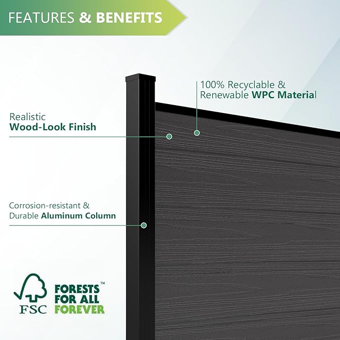 Mondaria Fence Privacy Screen with 8ft In-ground Posts, 6ft(H) x42ft(W) Wood Plastic Composite Fence Panels Weather-Resistant Outdoor Fence for Backyard/Garden (Silver Gray, 8 Posts)