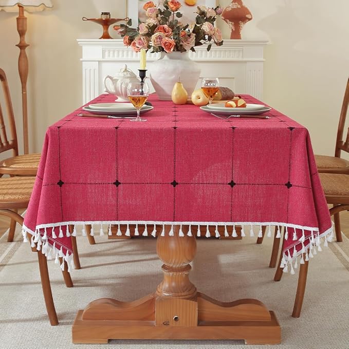 Pahajim Rustic Linen Tablecloth Cotton Rectangle Table Cloth for Kitchen Dining with Tassel Plaid Waterproof Tablecloths Rectangle/Oblong,55''x94'', 6-8 Seats