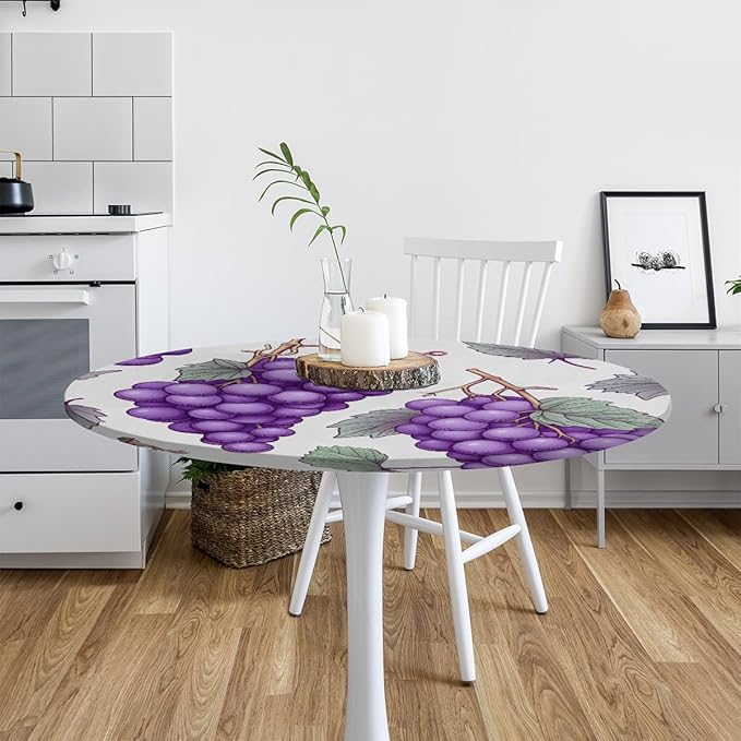 Grape Fruit Purple Leaves Round Table Cloth Cover, Elastic Edge Waterproof Wipeable Tablecloths 36"-42" Polyester Tablecloth for Party Restaurant Banquet Holiday Camping Outdoor Picnic