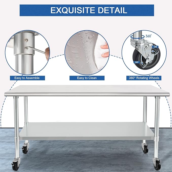HARDURA Stainless Steel Table with Wheels 30 x 72 Inches Casters NSF Heavy Duty Commercial Prep Table with Undershelf and Galvanized Legs for Food Prep