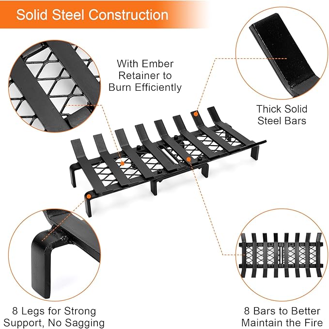 20" Fireplace Grate with Ember Retainer, Wood Stove Grate Rack, Heavy Duty Solid Steel 8-Bars Firewood Holder, Easy-Assembly Fire Grate for Indoor Hearth Outdoor Firepit - Matt Black