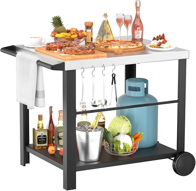 34" x 24" Movable Stainless Steel Flattop Grill Cart for Ninja Woodfire & Blackstone Griddles, Pizza Oven Table for Outside, Extra-Wide Stainless Steel Cart with Wheels for Kitchen Food Prep Table
