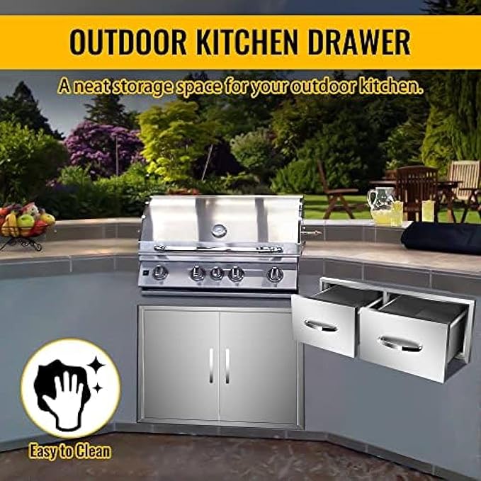 Stainless Steel Outdoor Kitchen Drawers - 3-Drawer BBQ Drawer, Built-in, Flush Mount - 30Wx20Dx10H