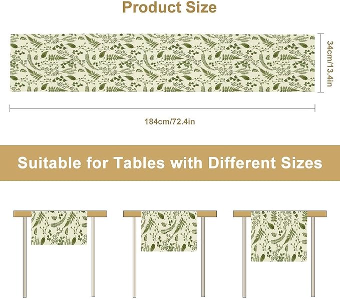 Green Leaves Table Runner,Spring Summer Herbs Botanical Natural Plants Print Table Runner for Kitchen Dining Table Farmhouse Home Party Decor 13x108in