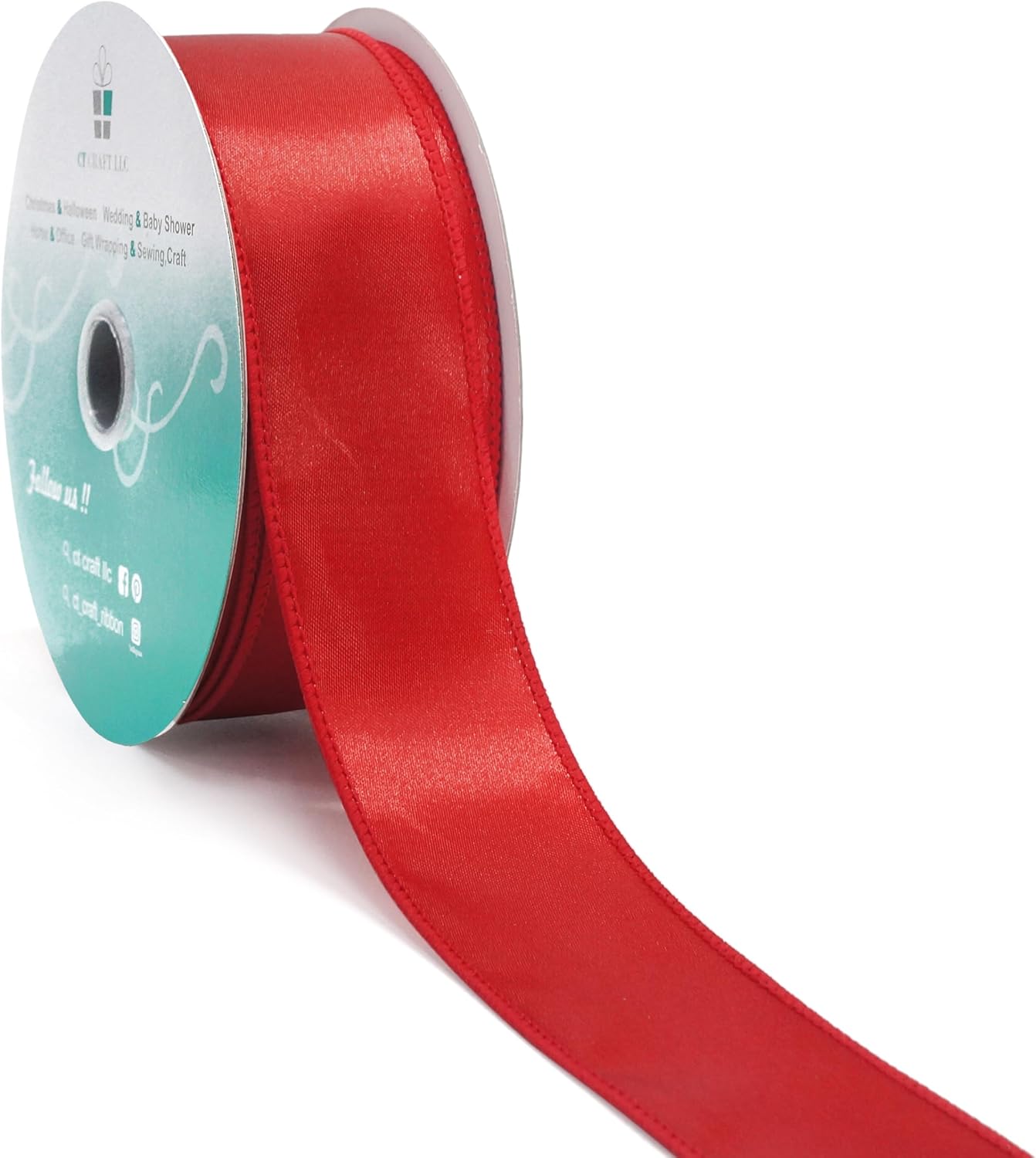 CT CRAFT LLC Satin Wired Ribbon 1.5 Inch x 20 Yards Red for Christmas Home Décor Gift Wrapping Tree Topper Bow Wreath DIY Crafts,