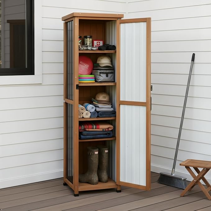 62" H Tall Narrow Outdoor Storage Cabinet with Metal Top, Outdoor Shed Storage Unit Waterproof with Adjustable Shelves for Garden, Patio, Living Room, or Entryway Storage, Black