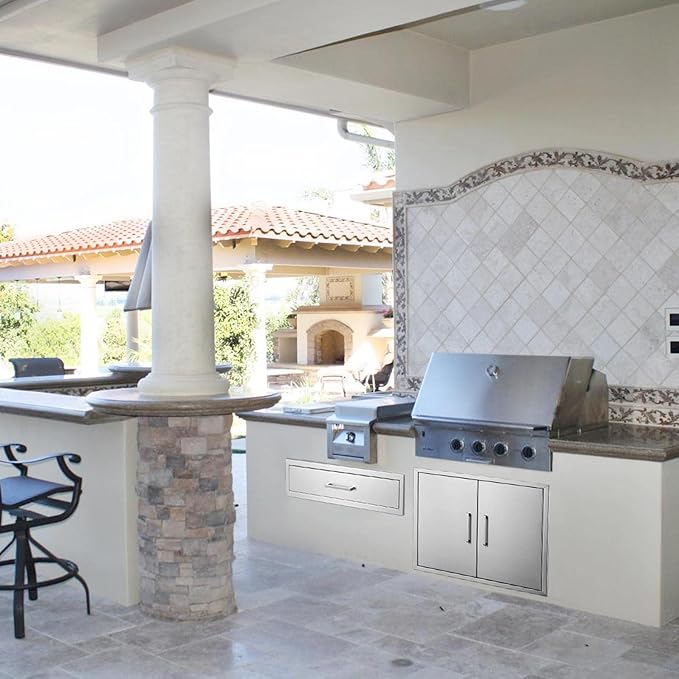Outdoor Kitchen Single Drawer 30" Stainless Steel BBQ Single Drawer -30" W x 6.5" H x 23" D Enclosed Built-in Drawer Flush Mount for Outdoor Kitchens & BBQ Islands