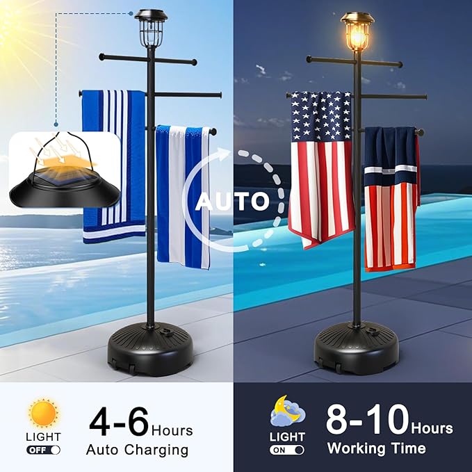 Solar Light Pool Towel Rack with Wheels – 63" Tall Adjustable Outdoor Towel Rack for Patio, Bathroom, Hot Tub