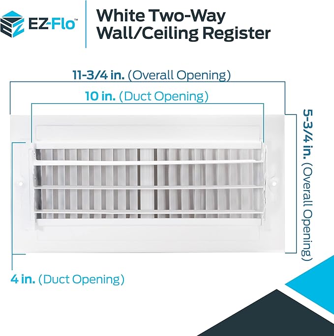 EZ-FLO 10 x 4 Inch (Duct Opening) White Air Vent Cover for Wall or Ceiling, Two-Way Ventilation Register, Solid Steel HVAC Cover, 61609 (Pack of 2)