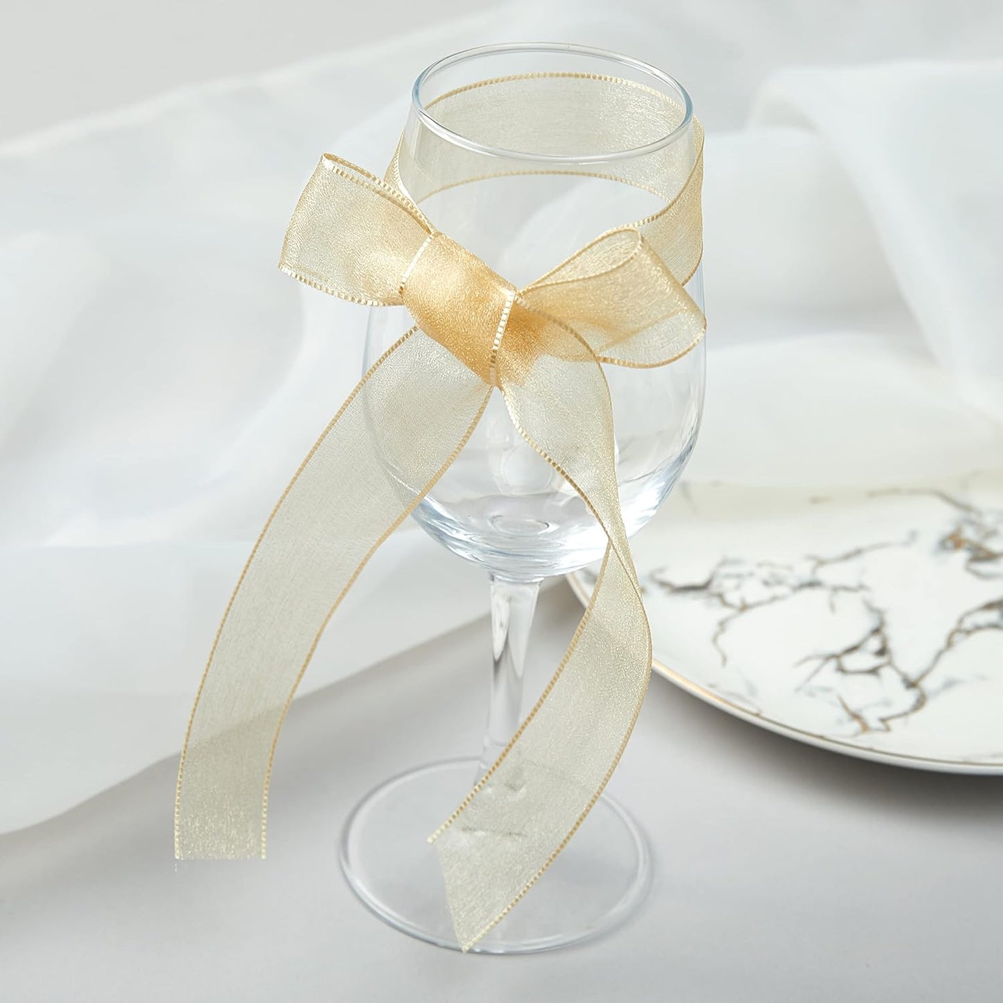 1 Inch Wide Sheer Chiffon Ribbon - Pearl Silk Woven Ribbon Suitable for Gift Wrapping, Wedding Decor, Home Decor, Girl Hair Accessories Handmade DIY (25 Yards/roll) (Champagne)