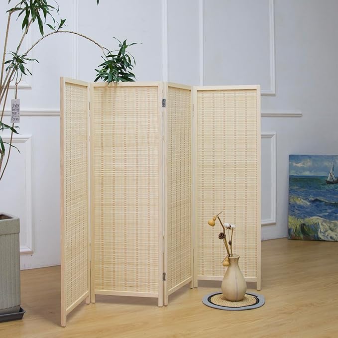 4 Panel Short Room Divider Screen,Beige Freestanding Partition,Small Bamboo Panel Divider for Room Seperation,3.95 FT Tall