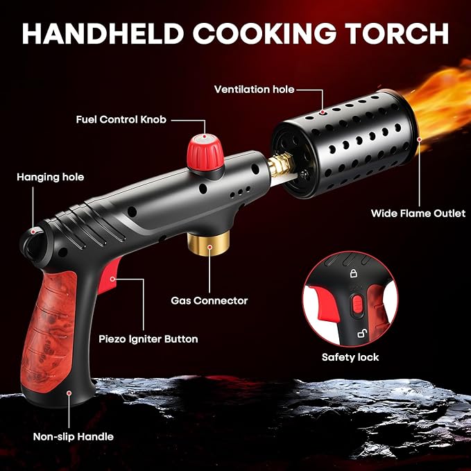 Propane Torch, Cooking Blow Torch Gun with Safety Lock, Charcoal Lighter, Flame Thrower, Kitchen Food Torch Head for Grill, Sous Vide, BBQ (Tank Not Included) (Peach wood)