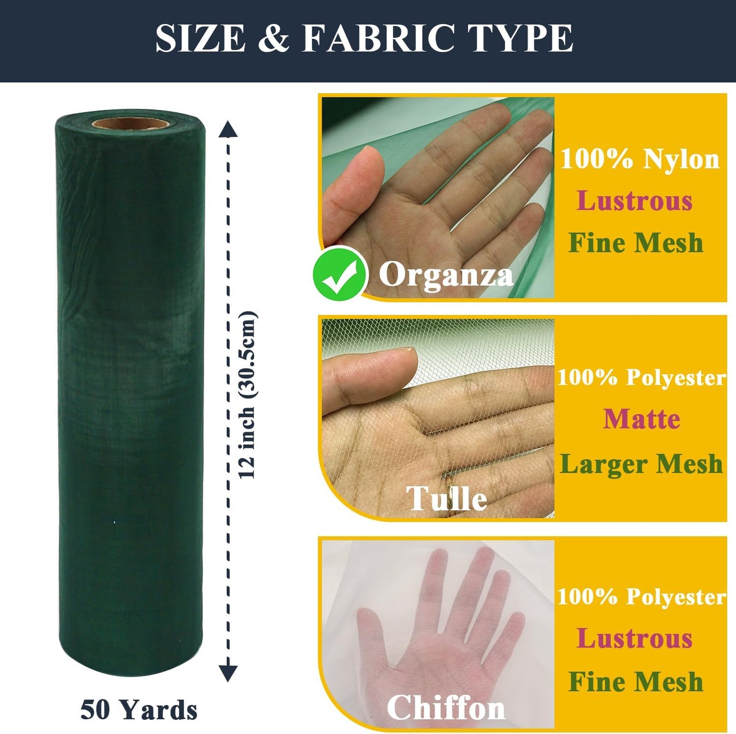 Organza Tulle Fabric Rolls, Crystal Organza 12" by 50 Yards (150 ft) Sheer Nylon Silky Shiny Netting Spool Bolt for DIY Craft Table Runner Wedding Baby Shower Party Decor (Hunter Green)