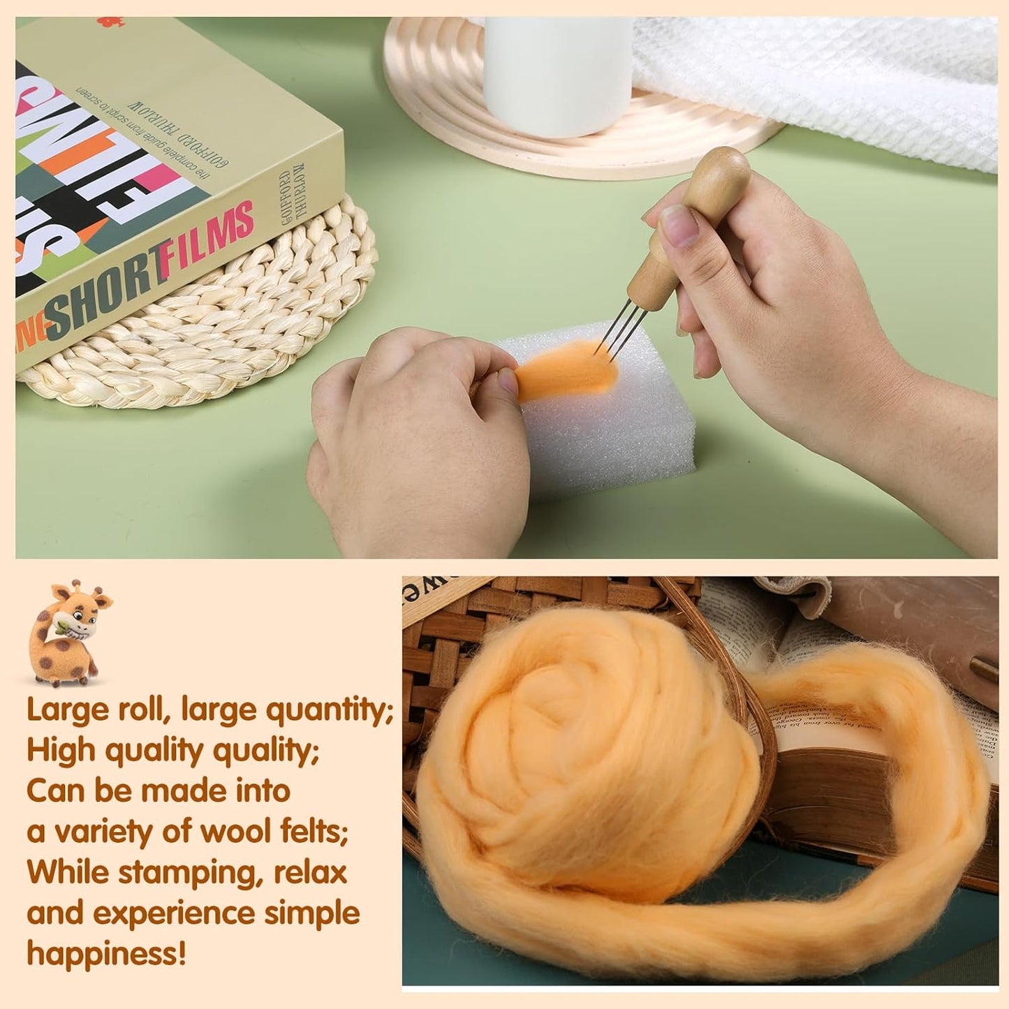 3.53oz Wool Roving Yarn, Wool Felting Supplies, Pure Wool, Chunky Yarn, Spinning Wool Roving for Needle Felting Wet Felting DIY Hand Spinning (Light Orange)