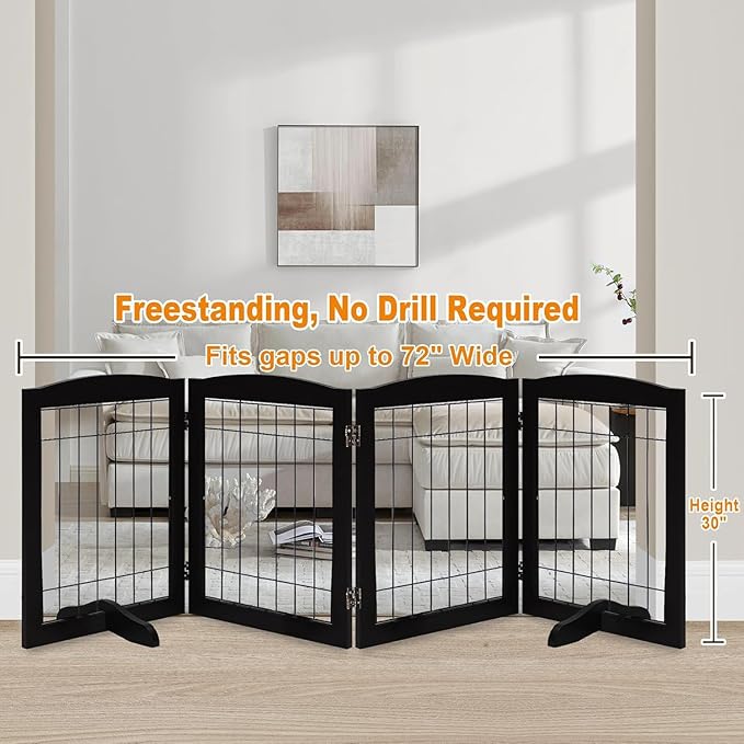 LZRS 4-Panel Freestanding Wooden Dog Gate—Extra Wide 30” Tall Foldable Pet Barrier with Support Feet, Solid Hardwood & Steel Wire Safety Gate for Doorways, Hallways, and Stairs, Black