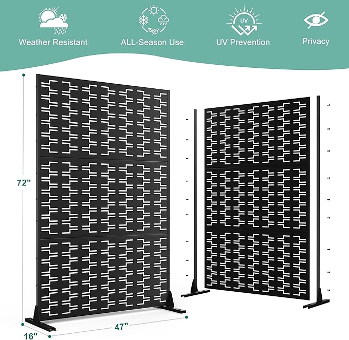 Metal Privacy Screen for Outdoor & Indoor Use, Free Standing Privacy Screen for Patio Garden Pool, 72" H x 47" W Decoative Privacy Panels, Weather Resistant, Easy Assembly (Black Brick)