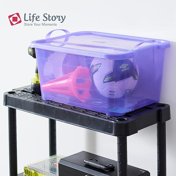 Life Story 6 Pack Light Duty Stackable Storage Bin, 55 Quart Home Organizer, Versatile Lightweight Locking Bins with Carrying Handles, Purple