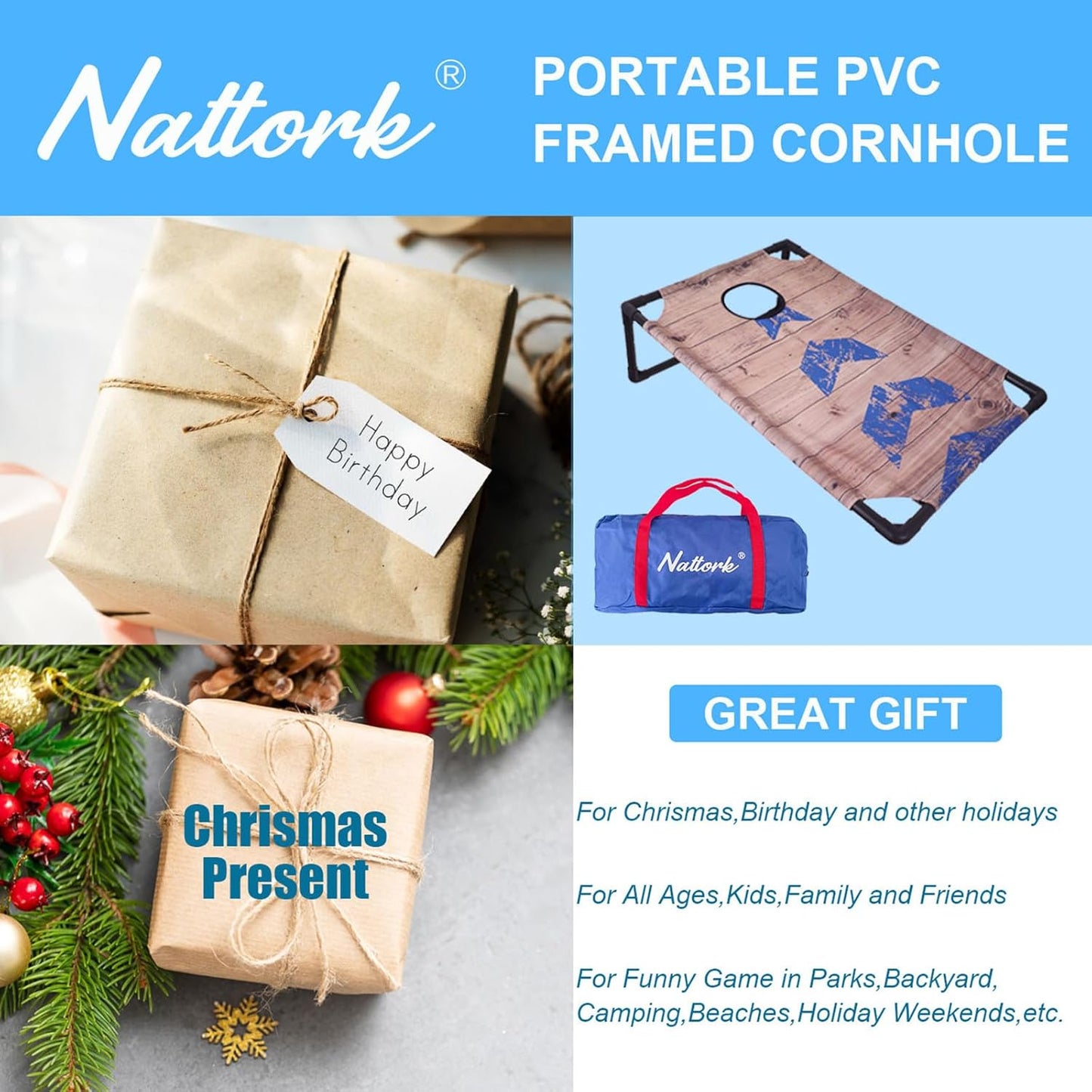 Portable Cornhole Set with 2 Collapsible Cornhole Boards, 8 Cornhole Bean Bags and Carrying Case for Yard Toss Game, Indoor Outdoor Camping Games for Adults Family (3 x 2-feet)