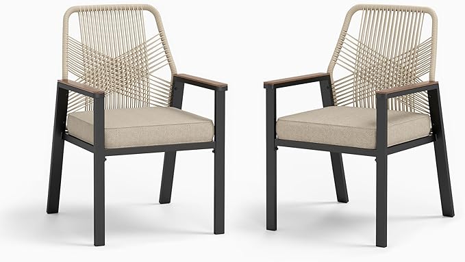 Patio Wicker Chair Sets of 2, Outdoor Dining Chairs with 3.1 inch Seat Cushions, Sturdy Metal Frame & Wood Grain Armrest, Patio Dining Chairs for Porch Backyard, Beige