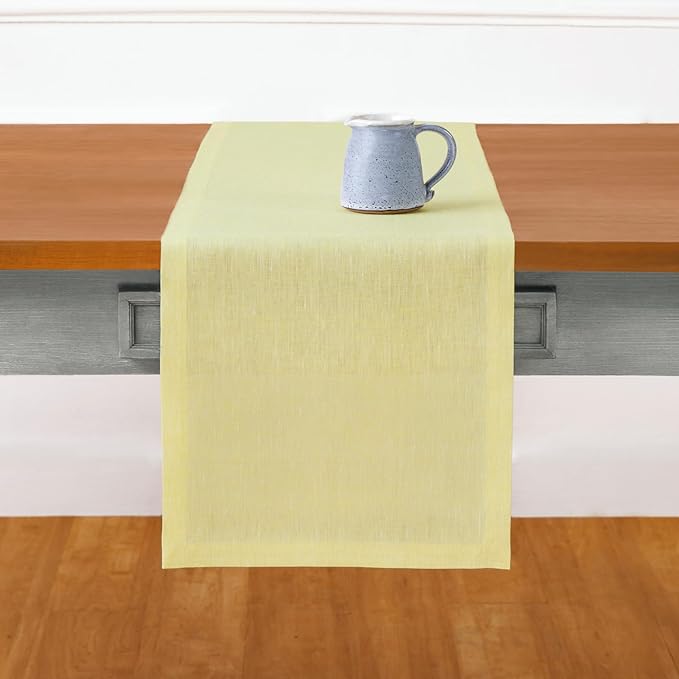 Solino Home Linen Short Table Runner 36 Inches - Athena, 100% Pure Linen Chambray Yellow Table Runner 14 x 36 Inch Ideal for Dresser and Coffee Tables, Spring, Easter