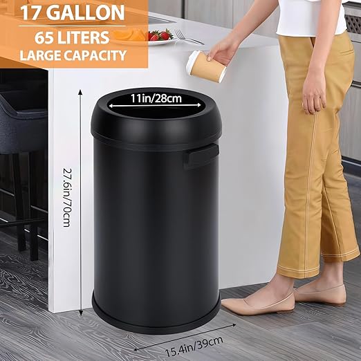 GarveeHome 17 gal/65 L Open Top Trash Can, Stainless Steel Rubbish Bin, Commercial Grade Waste Container, Round Garbage Can for Outdoor, Home Office, Restaurant, Black