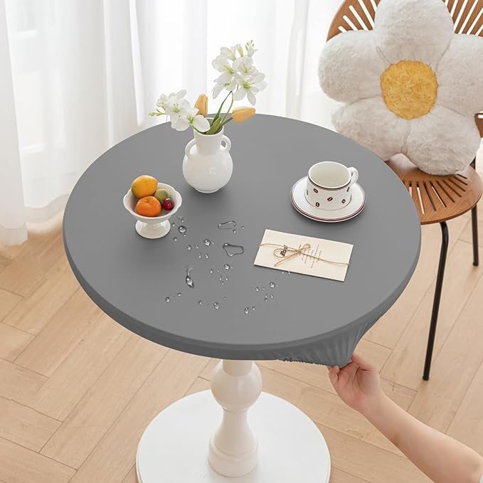 Round Fitted PU Tablecloth with High Elastic Edge 63 Inch Dia Waterproof Oil Proof Table Cloth Anti-Scald Stain-Resistant Wipeable Table Cover for Indoor Outdoor Picnic (Light Grey,63" Dia)