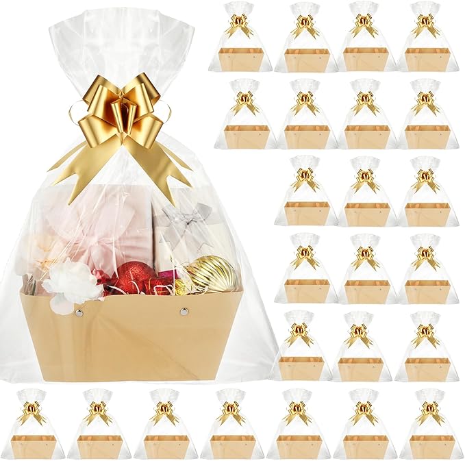 PerKoop 24 Pack Baskets for Gifts Empty Bulk 6.5 x 9.8'' Thick Kraft Gift Basket with Bows and Bags Empty Gift Baskets for Valentine's Day Easter Birthdays Wedding Snacks Farmers Market(Khaki)