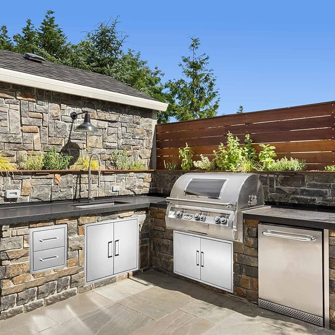 Outdoor Kitchen Drawers Stainless Steel 2-Drawer BBQ Drawer 14" W x 15" H x 23" D Enclosed Built-in Drawer Flush Mount for Outdoor Kitchens & BBQ Islands