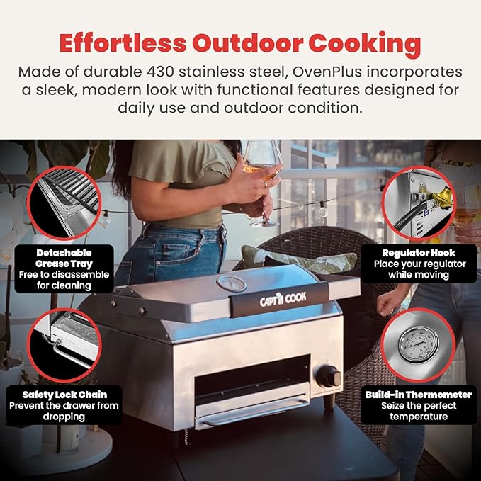 CAPT'N COOK OvenPlus Pizza Oven Outdoor Gas Pizza Oven, Portable Propane Pizza Oven with Double Cooking Deck, Smokeless Outdoor Pizza Maker with Pizza Stone, Cutter and Peel for Backyard BBQ Camping