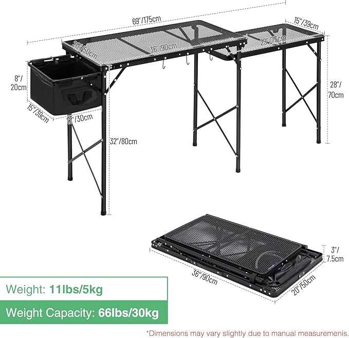 RedSwing Folding Grill Table with Sink and Double Shelf, Multifunctional Portable Stand Table for Outdoor Camping, Picnics, and Barbecues, 69"x20"x31.5", Black