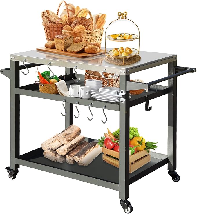 Domi 3-Tier Outdoor BBQ Grill Cart with Lockable Wheels | Portable Pizza Oven Stand & Food Prep Station | Blackstone Griddle with Stainless Steel Tabletop All-Weather Patio Cooking Center