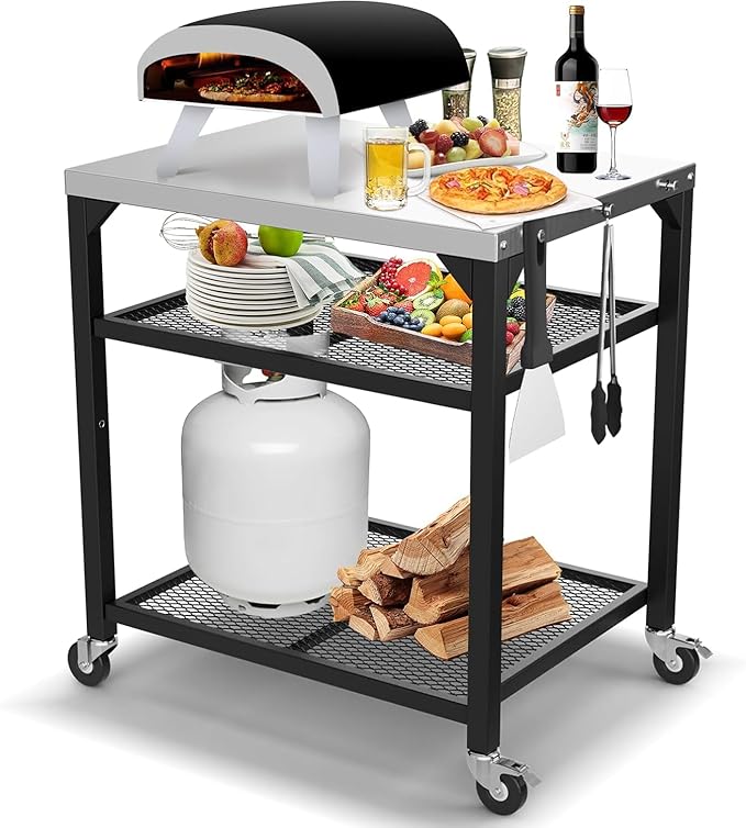 Pizza Oven Table for Ooni, Ninja, Woodfire, Blackstone, Bighorn, Cuisinart, Outdoor Grill Table for Ooni Pizza Oven Accessories, Movable Pizza Oven Stand as Food Prep Cart, Barbecue Tool Set