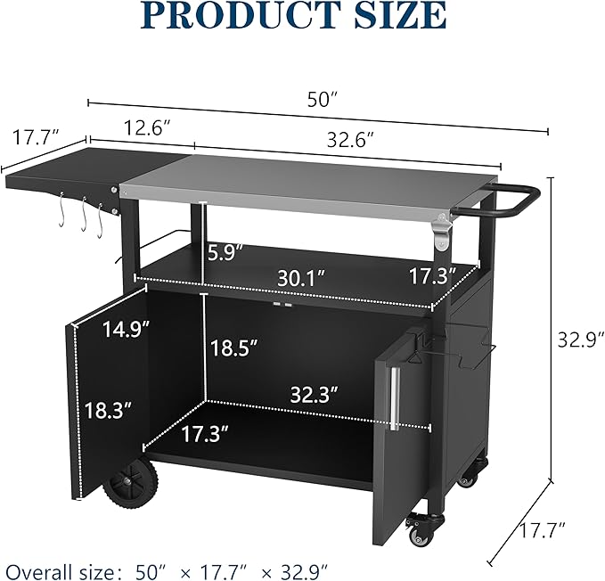 JY QAQA Outdoor Grill Cart with Storage,Patio Kitchen Island Outdoor Grill Table with Wheels,BBQ Cart Movable Pizza Oven Table Stand, Storage Cabinet, Foldable Tabletop, (Black)