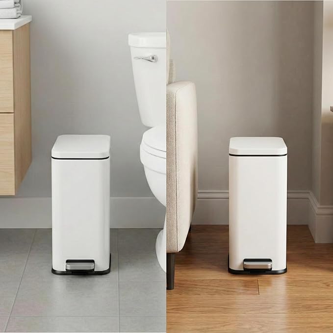 iTouchless 3 Gallon / 11.4 Liter Bathroom Trash Can with Lid, Slim Stainless Steel Step Garbage Can, Soft Close Small Wastebasket with Removable Inner Bucket for Kitchen, Powder Room Dorm, Chalk White