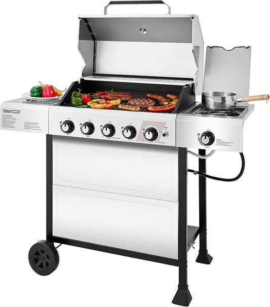 Royal Gourmet GA5401T 5-Burner BBQ Liquid Propane Gas Grill with Side Burner, Stainless Steel 61,000 BTU Output for Patio Garden Picnic Backyard Cooking, Silver