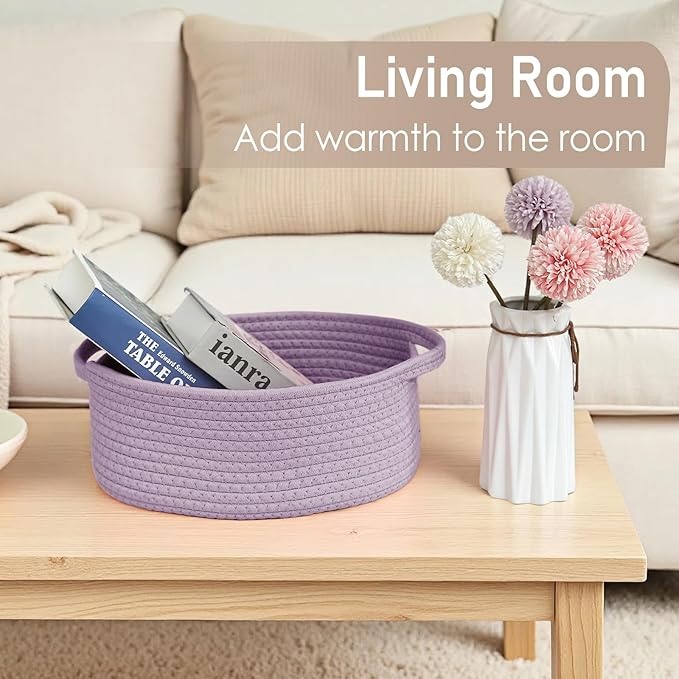 Woven Basket,Small Rope Storage Bin with Handles & Ribbon Bag, Organizer for Shelves Closets,Gift Basket Empty for Birthday,Books,Dog Toys, Purple