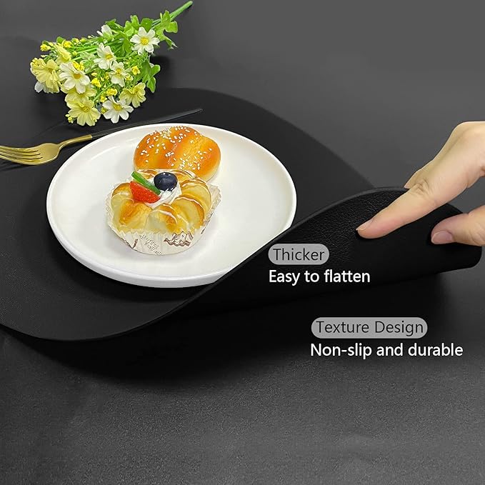 Herda Black Placemats Set of 6 for Dining Table Mats, Faux Leather Place Mats Wipeable Washable Placemats for Round Table Mats for Dining Patio Heat Resist Easy to Clean Halloween Place Mats Indoor