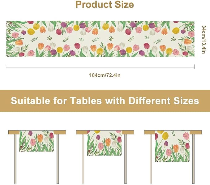 Tulips Spring Table Runner, Rustic Farmhouse Watercolor Botanical Colorful Tulips Olive Leaves Summer Garden Table Cover For Kitchen Dinning Table Indoor Outdoor Party Wedding Decor, 13x36inch