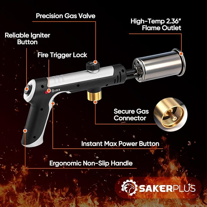 Propane Torch - 3272°F High Heat Torch Gun with Adjustable Flame & Safety Lock, for BBQ Grilling, Charcoal Ignition, Cooking and DIY Projects 1-Pack