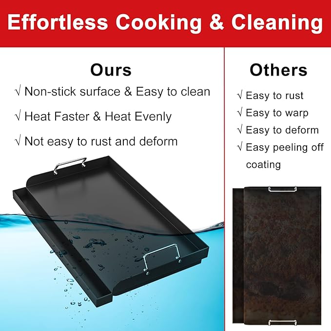 25" x 16" Nonstick Griddle Insert for Gas Grills, Carbon Steel Flat Top Griddle for Gas/Electric/Charcoal Grill, Universal Cooking Plate with Grease Groove for Outdoor Camping Tailgating Parties