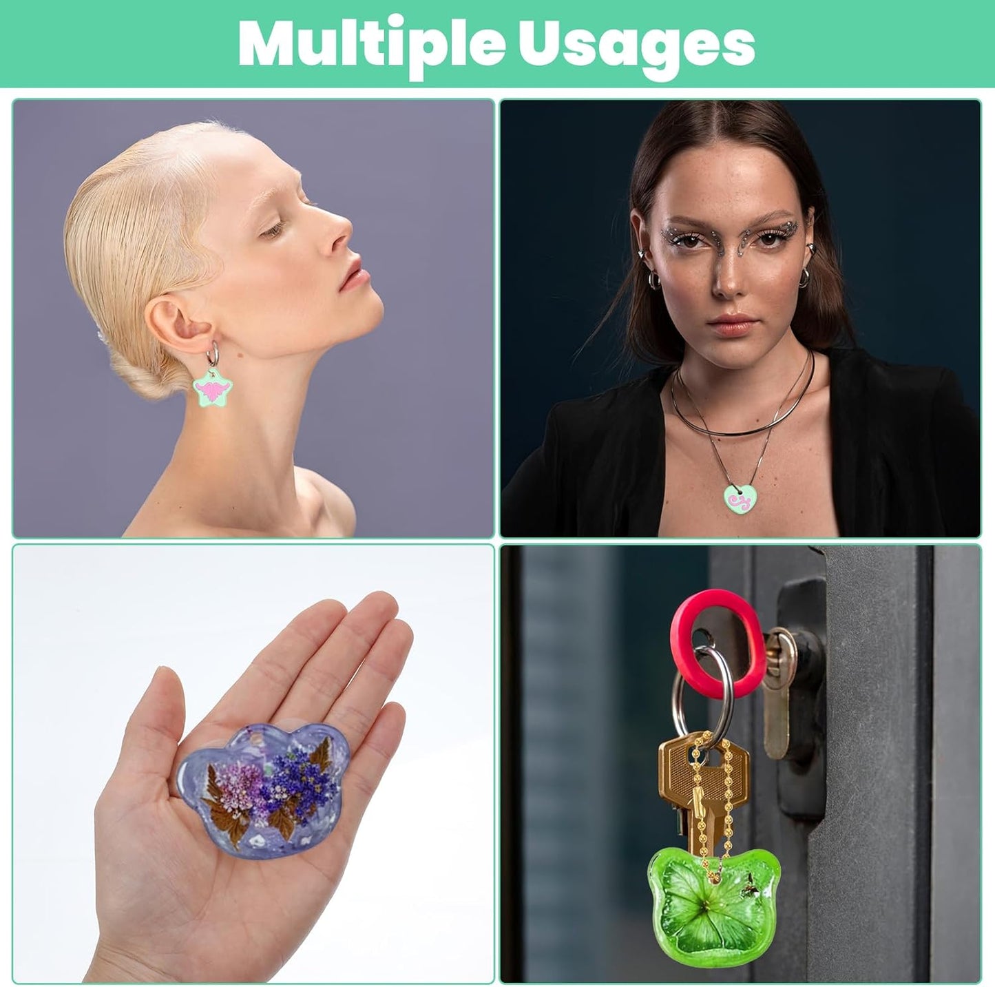 16Pcs Keychain Resin Molds Silicone with Hole, Jewelry UV Resin Keychain Molds, Epoxy Resins Mold for Keychains Pendant Jewelry Making