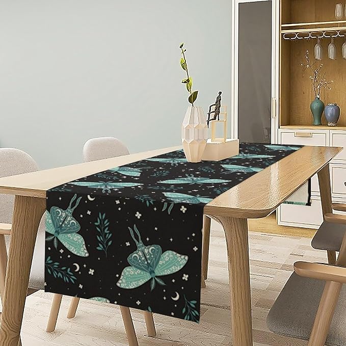 Butterfly Moth Table Runner, Boho Moon Green Leaves Plant Print Table Runner for Farmhouse Kitchen Dining Table Holiday Party Home Decor 13x120in