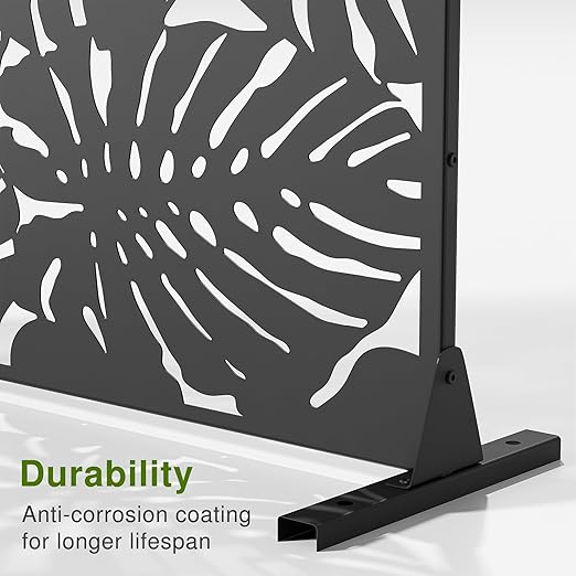 Casaphoria 72" H x 47" W Metal Outdoor Privacy Screen, Freestanding Decorative Divider for Patio, Deck, Balcony, and Garden with Stable Base, Black-Summer
