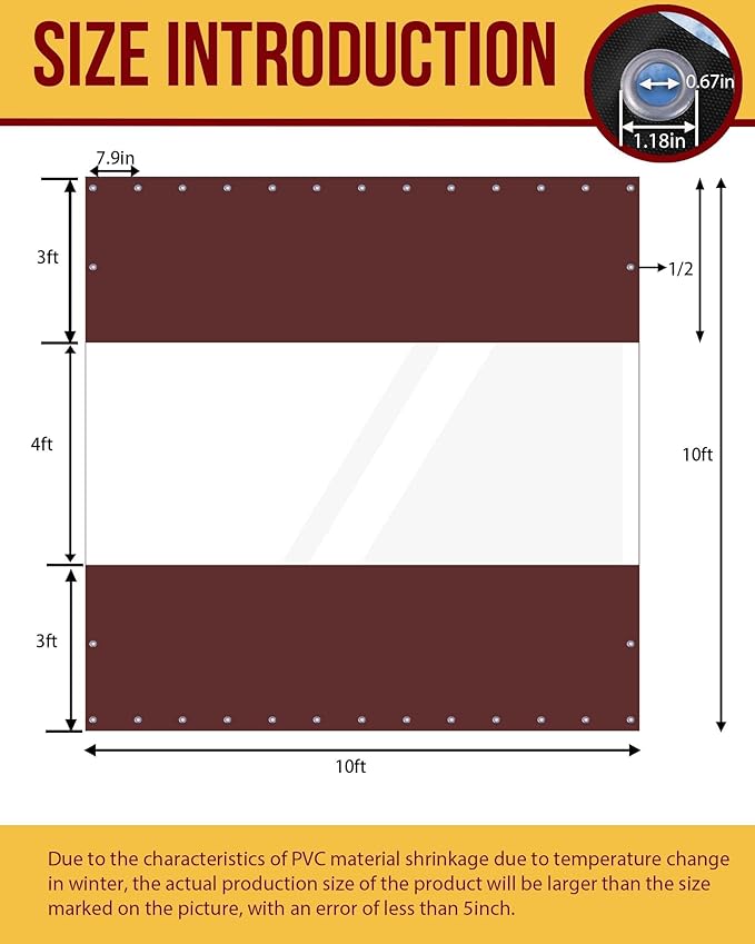 FoundGo 10'H x 10'W Vinyl Curtains for Patio 19oz, Outdoor Clear Vinyl Patio Enclosure,Heavy Duty Clear Tarp Waterproof Vinyl Tarps with Grommets for Pergola, Balcony,Porch,Gazebos，-4℉ Cold Resistant