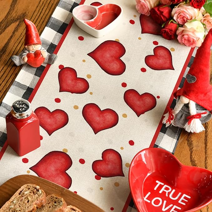 Artoid Mode Watercolor Hearts Gnomes Love Table Runner, Seasonal Anniversary Wedding HoliKitchen Dining Table Decoration for Indoor Outdoor Home Decor 13 x 60 Inch