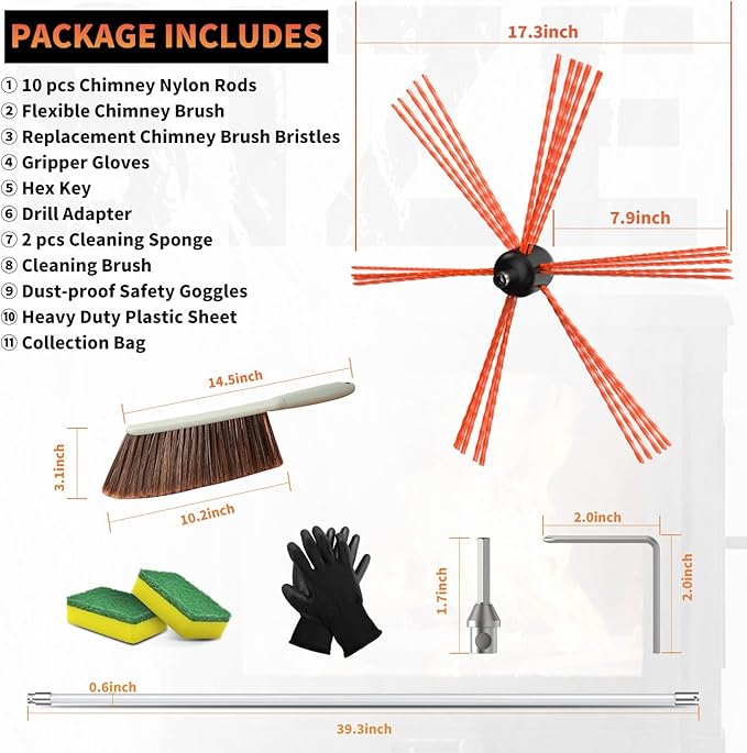 Sealegend 33 Feet Chimney Cleaning Kit Chimney Brush, Chimney Sweep Kit and Chimney Cleaning Logs Fireplace Tools Set with 10 Flexible Rods